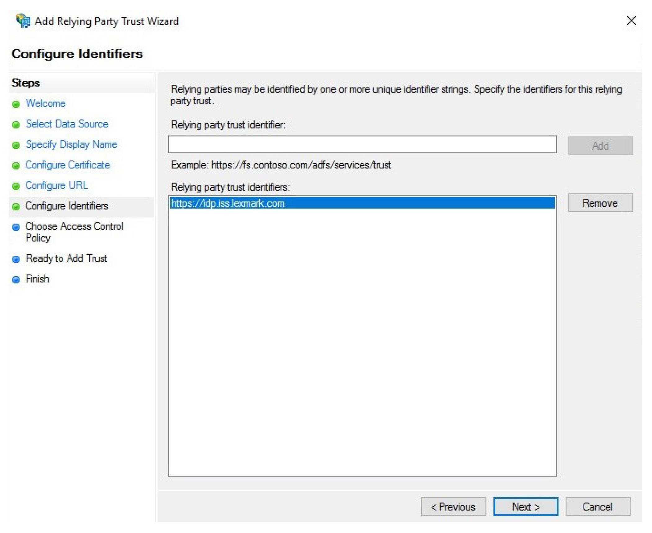 A screenshot showing the relying party trust identifier.
